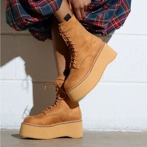 Theriveter Chestnut Flatform Vegan Suede Flatform Lace Up Boots